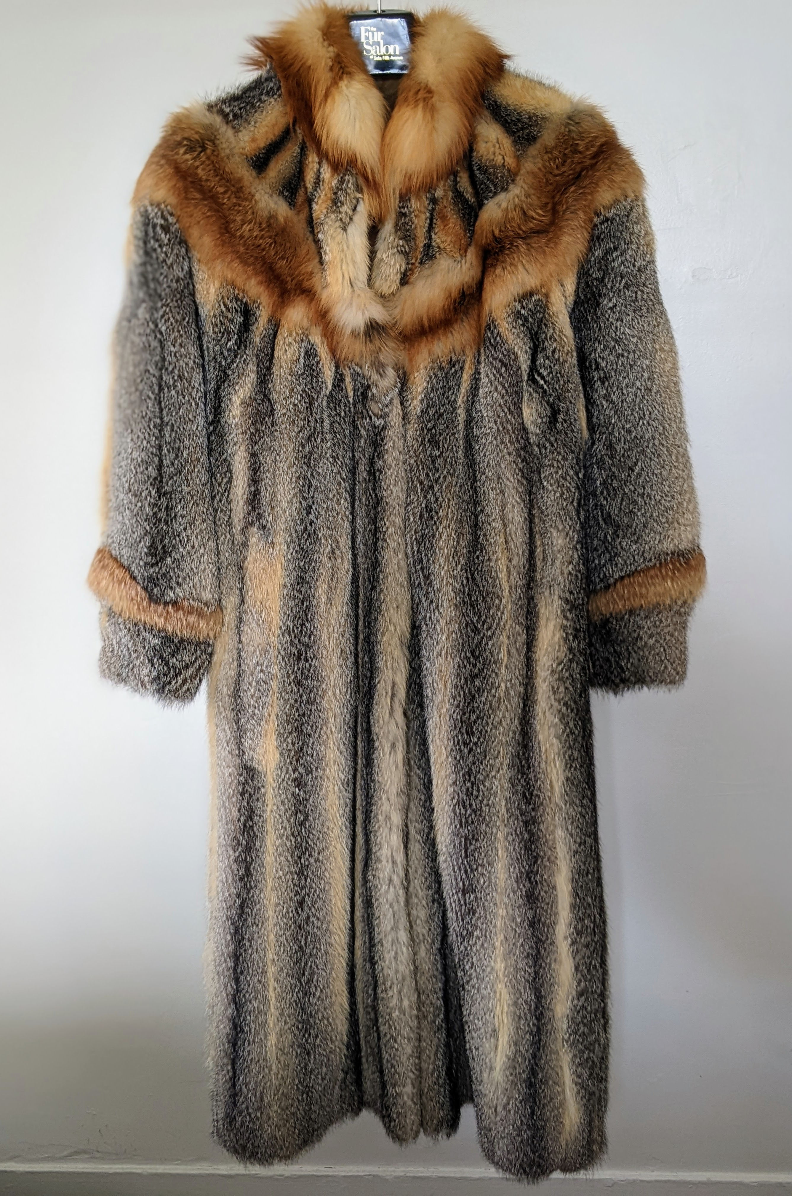 Bloomingdale’s American Gray Fox Fur Coat with Red Fox Trim