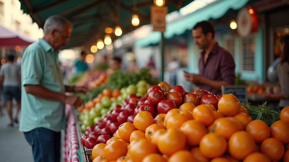 Eye-level view of a vibrant local market filled with fresh produce and colorful crafts