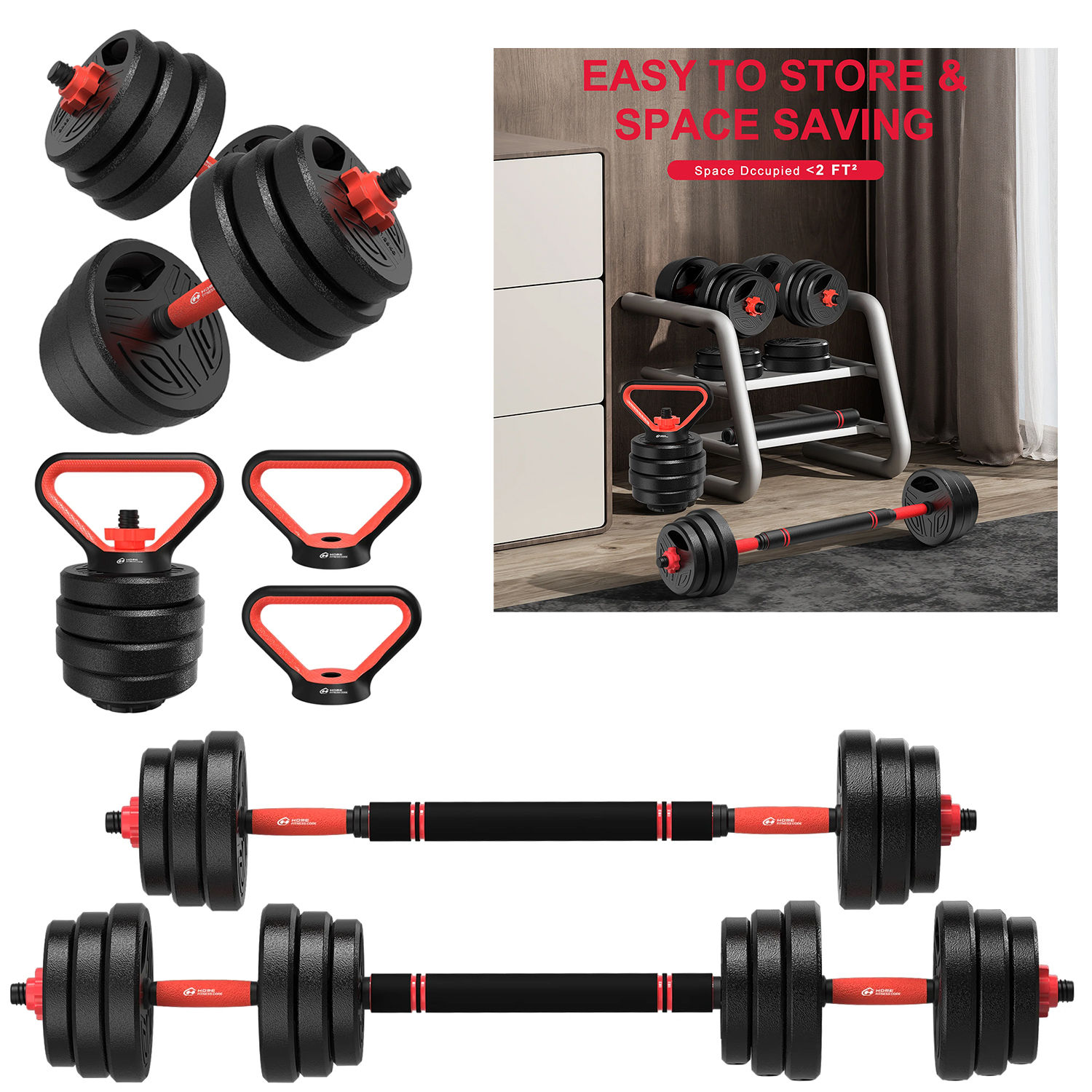 3-in-1 Dumbbells Set 20 kg Adjustable Dumbbells with Extra Barbell Bar Plastic-C