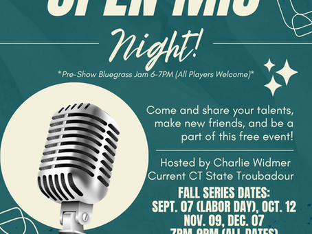 Flyer for the Seymour CT Open Mic and Bluegrass Jam hosted by Charlie Widmer at Great Hill United Methodist Church.