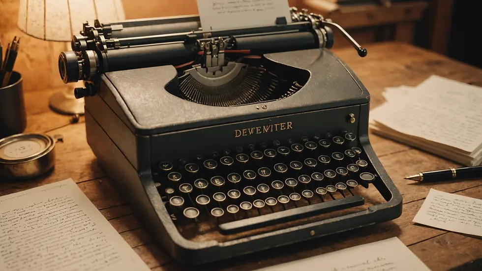 Close-up view of a rustic typewriter surrounded by handwritten notes