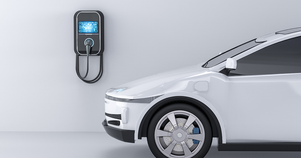 A modern EV charger in a clean residential garage, with an electric car parked nearby.