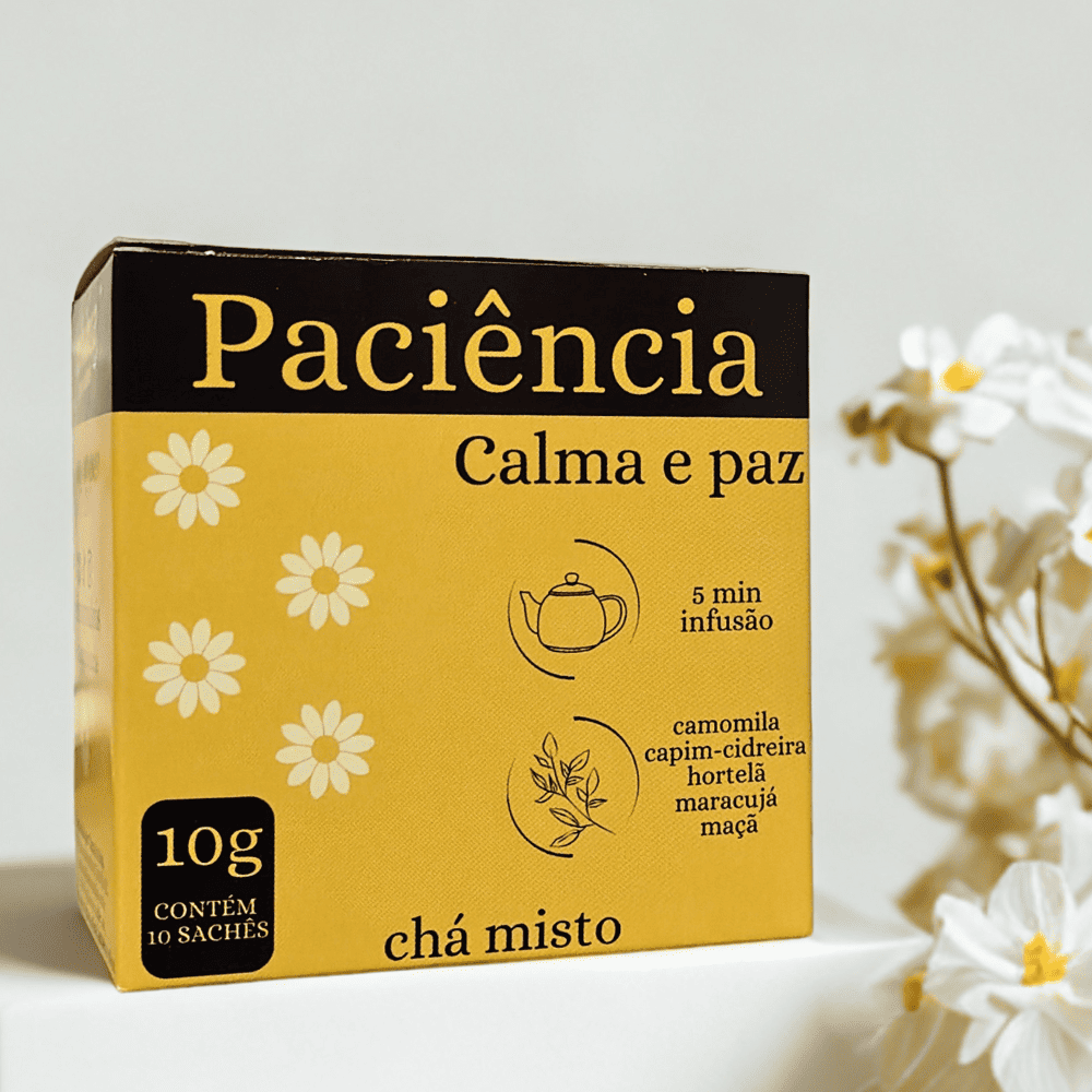 Caixa do Chá Paciência da Chima pra Dois — blend de ervas e frutas em embalagem amarela
