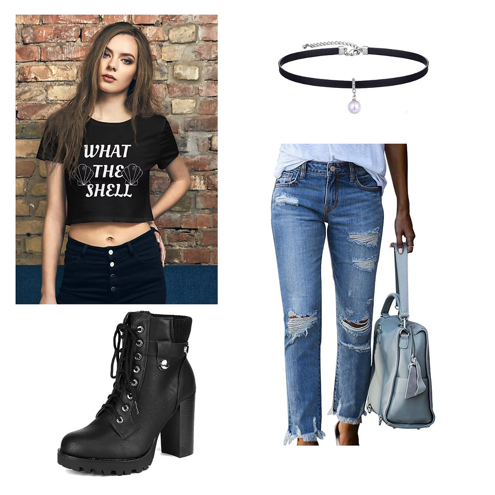 mermaid outfit grunde/edgy with what the shell crop top, distressed jeans, black heeled boots and a pearl choker.