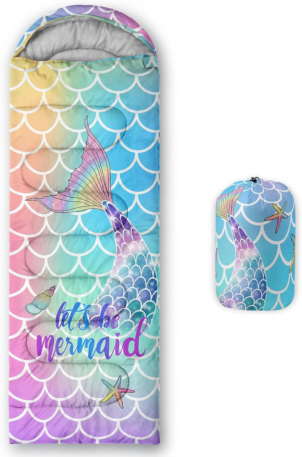 pretty rainbow mermaid sleeping bag, comfortable sleeping bag for a mermaid car camper