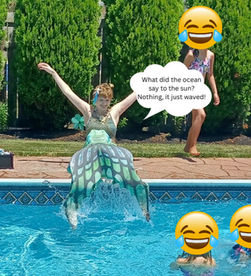 a professional mermaid in a pool at a mermaid gig telling an ocean joke