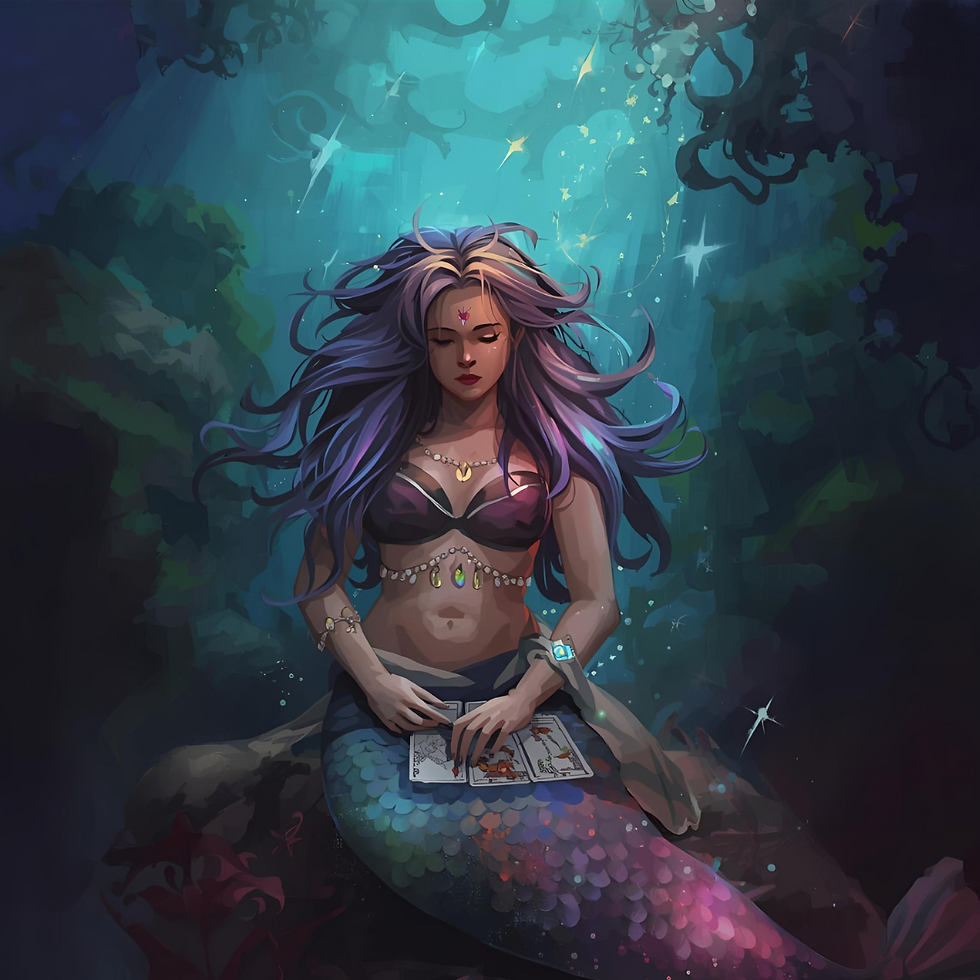 mermaid reading tarot cards art