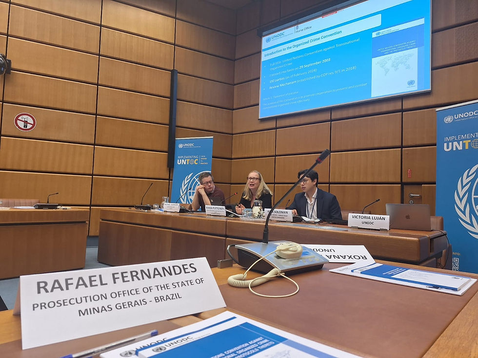 Vienna International Centre, March 5, 2024, Conference Room No. 7. A meeting is held on the Issue Paper on Organized Fraud, hosted by the UNODC's Global Program on Implementing the Organized Crime Convention, with anti-fraud experts attending from more than fifteen countries, two of which are from Brazil.