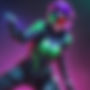 sci fi female gaming character in a fighting pose with goggles using green blues and purpl