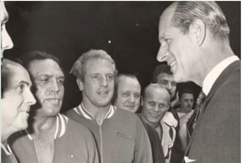 Prince Phillip meeting the wrestlers at the May 22nd Albert Hall show