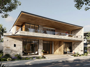 A modern two-storey home with timber and stone finishes