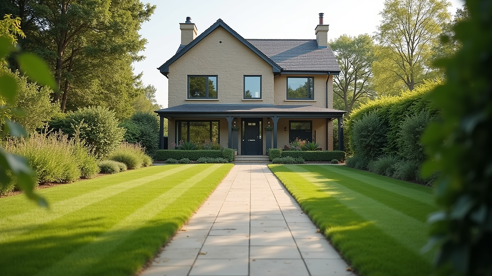 Eye-level view of a modern residential property with a well-maintained garden