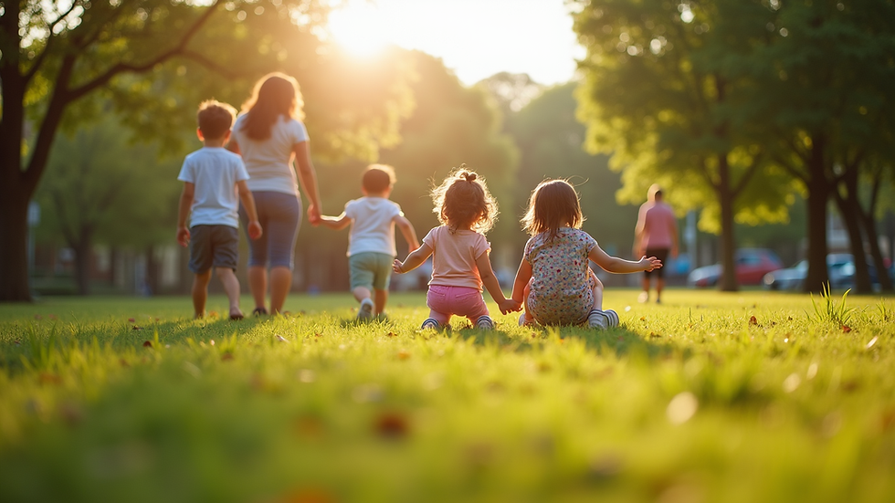 Eye-level view of a community park with families enjoying the outdoors