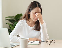 Eye problem concept, fatigue asian young woman tired eyes, irritated rubbing eye dry relie