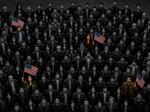 Wide cinematic image of a large crowd of Iranian Americans standing together in black and white, while only four individuals are highlighted in color holding American flags. The image symbolizes low civic participation and the importance of political engagement within the Iranian American community.