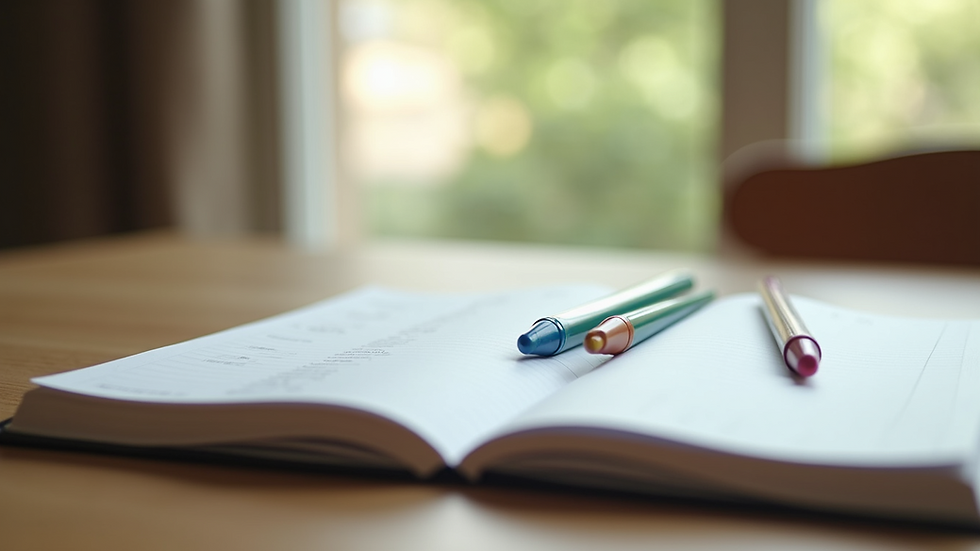 Vue en plongée d'un agenda thématique ouvert sur une table en bois avec des stylos colorés