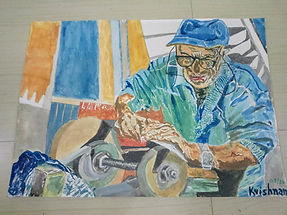 An old knife sharpener who carries the contraption door to door