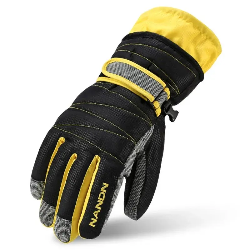 Thumbnail: Black and yellow waterproof winter ski glove with NANON logo