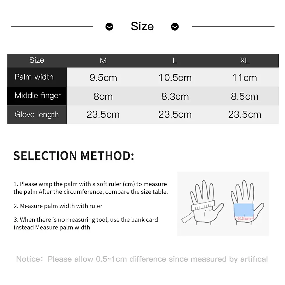 Thumbnail: Size chart for winter outdoor touchscreen gloves showing measurements.
