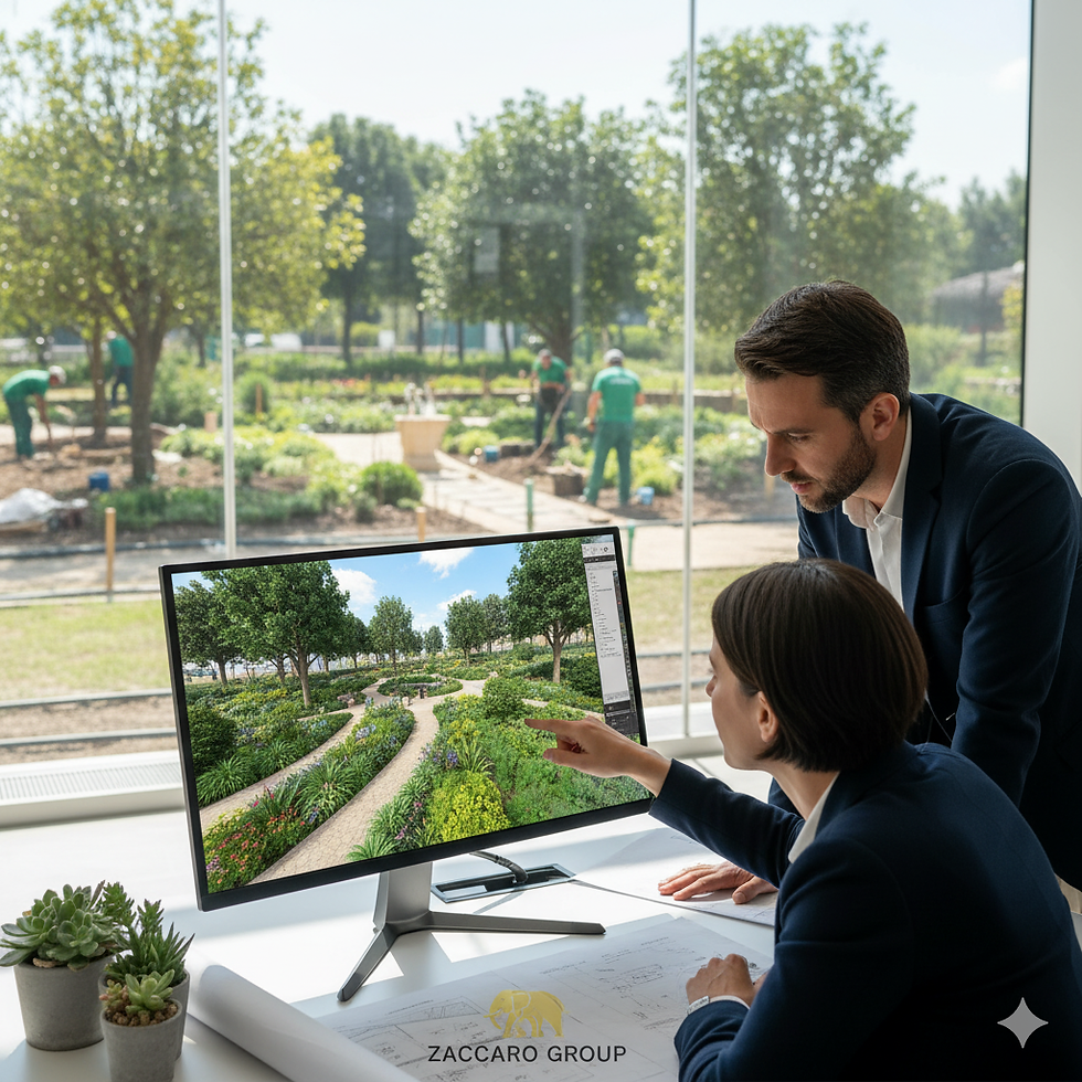 Progettazione 3D di giardini con consulenza professionale Zaccaro Group, pianificazione del verde e render fotorealistici.