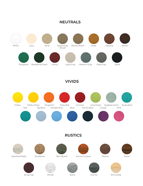 “Poly Oasis color options chart showing HDPE furniture colors in Neutrals, Vivids, and Rustics categories.”