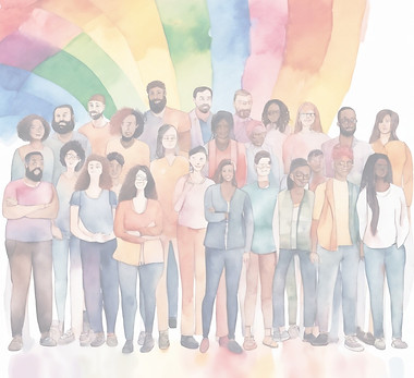 a group of diverse people in front of an lgbtq representative background in water color.jp