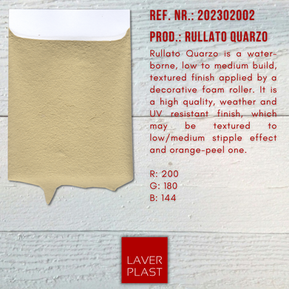 Water-borne low/medium build textured decorative and protective coating for exterior and interior use. Rullato Quarzo has been developed specifically for roller application.
It is a high quality, weather-resistant finish, which may be textured to low/medium stipple effect and orange peel one.
Theoretical spreading rate (kg/m²):
1,000-1,200 kg/m².
