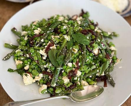 Kate's Asparagus, Broad bean, Garden Pea & Feta salad with Roasted Red Onion & Basil oil