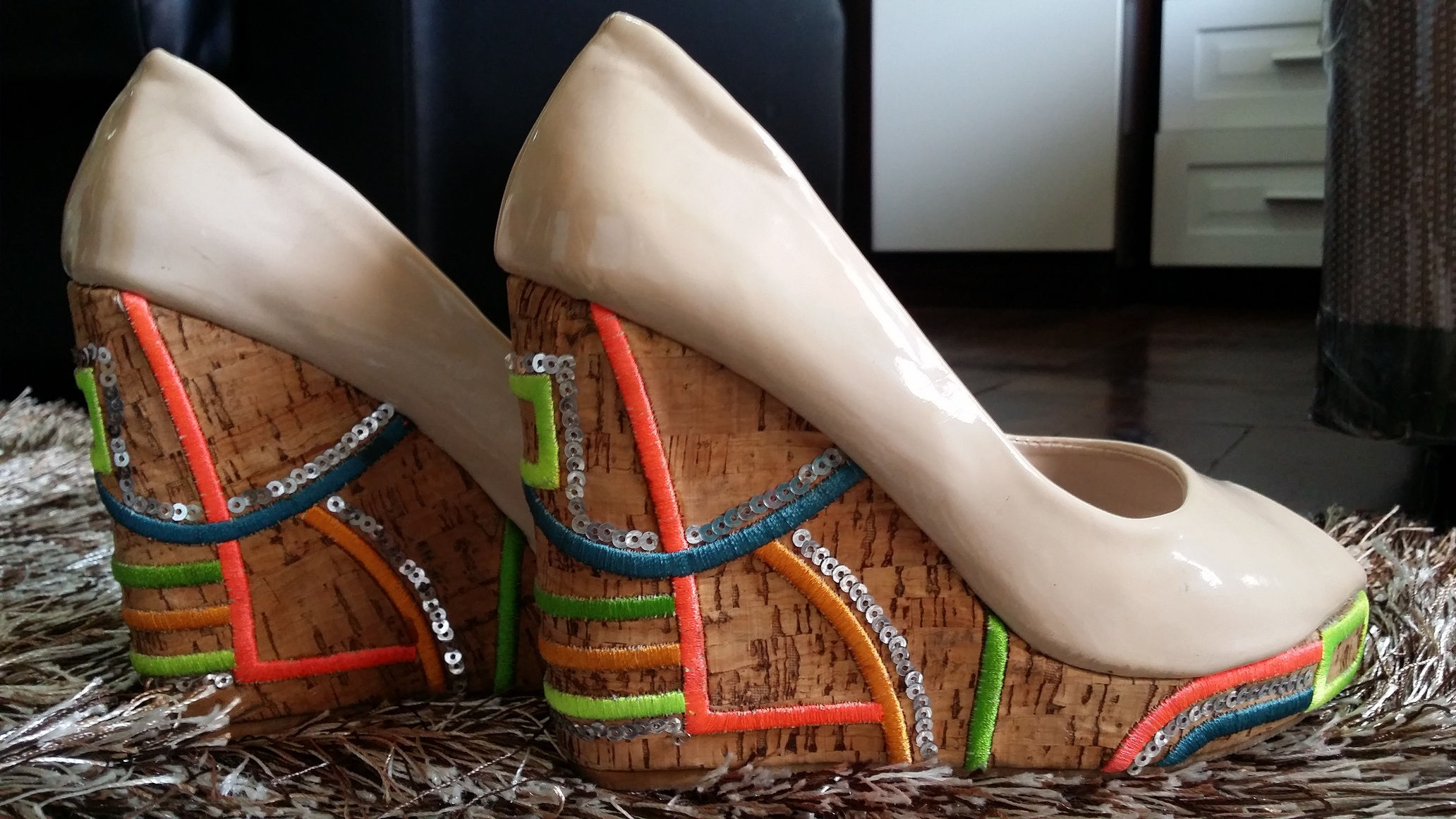 Nude cork wedge multi-color stitching & sequins