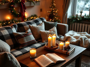 moment de détente sur un canapé avec ambiance cocooning bougies artisanales saines allumées et décoration de Noël