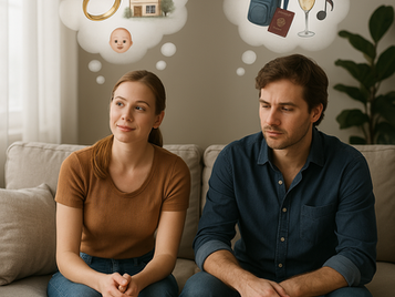 Casal sentado no sofá com pensamentos diferentes de futuro, ela pensando em casa, bebê e futuro estável, enquanto ele pensando em festas e viagens.