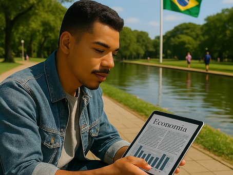 Jovem sentado ao parque lendo as informações sobre economia