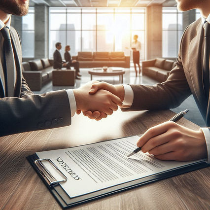 realistic image of two people shaking hands, a contract on the table, inside a commercial