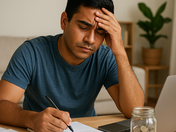 rapaz preocupado com suas finanças que estão descontroladas