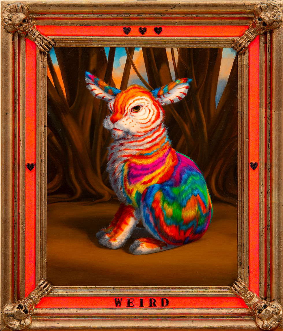 A painting of a rainbow bunny in a frame with the word "weird."