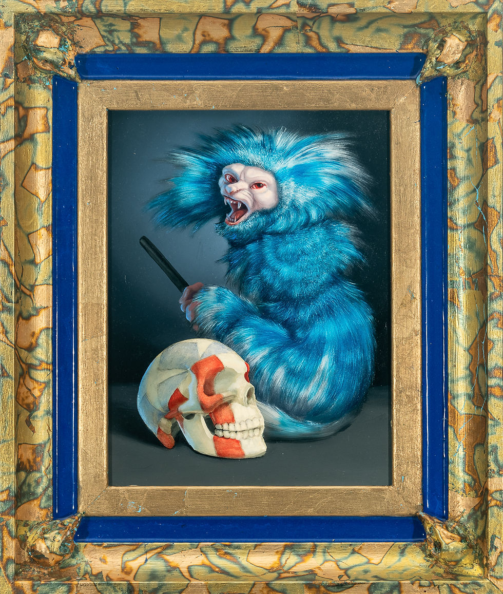 A painting of a blue screeching monkey with a skull painted with the United States flag.