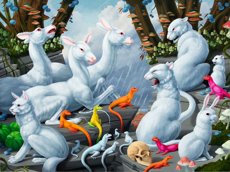 A painting of a white animals resembling deer, dogs, cats, and bunnies with white and colorful lizards and a skull.