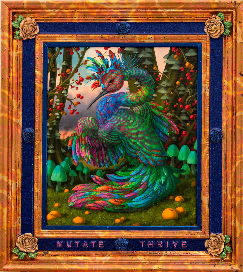 A painting of a rainbow phoenix bird in a frame with the words "Mutate Thrive."