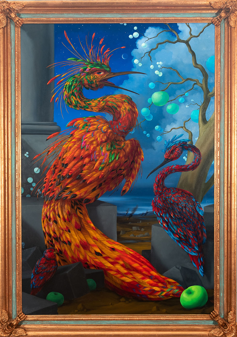 A painting of two multicolor phoenix-like birds with bright green fruit.