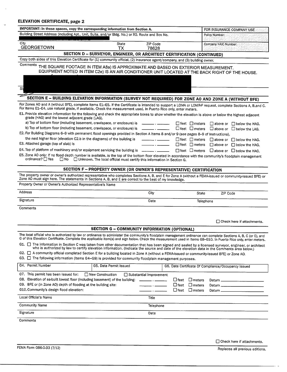Page 2 - Elevation Certificate obtained in 2013.