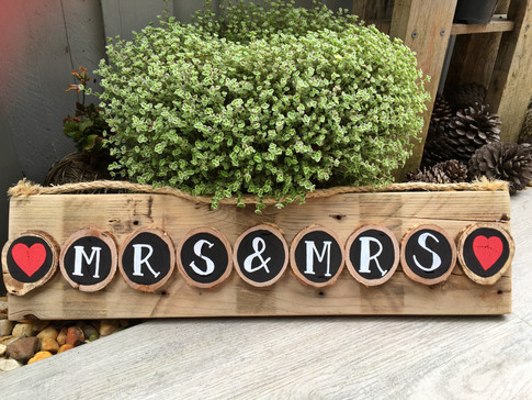 Mrs & Mrs chalkboard painted wooden disc sign