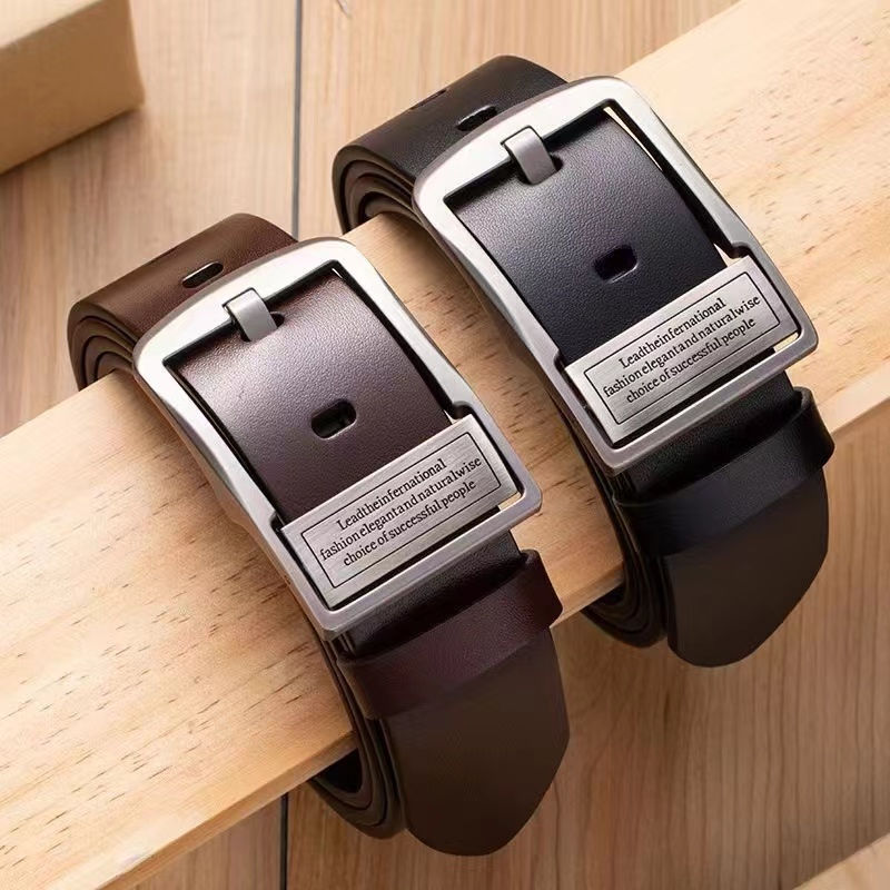 Thumbnail: New Leather Cowhide Men's Belt Fashion Metal Alloy Pin Buckle Adult Luxury Brand