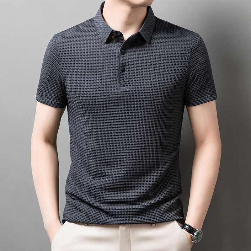 Thumbnail: New Men's Business Casual Short Sleeved Bone Flower Solid Color POLO Shirt Fashi