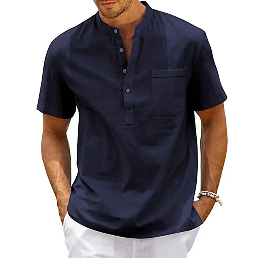 Thumbnail: Cotton Linen Shirt Men Henley Neck Pocket Casual Beach Short Sleeve Solid Color 