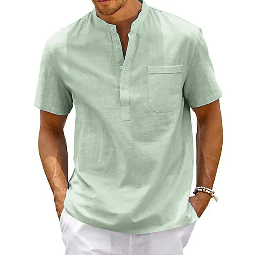 Thumbnail: Cotton Linen Shirt Men Henley Neck Pocket Casual Beach Short Sleeve Solid Color 