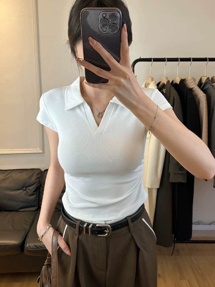 Thumbnail: Cotton Summer Sexy Women's T Shirt Skinny Slim Basic Solid Crop Top Short Sleeve