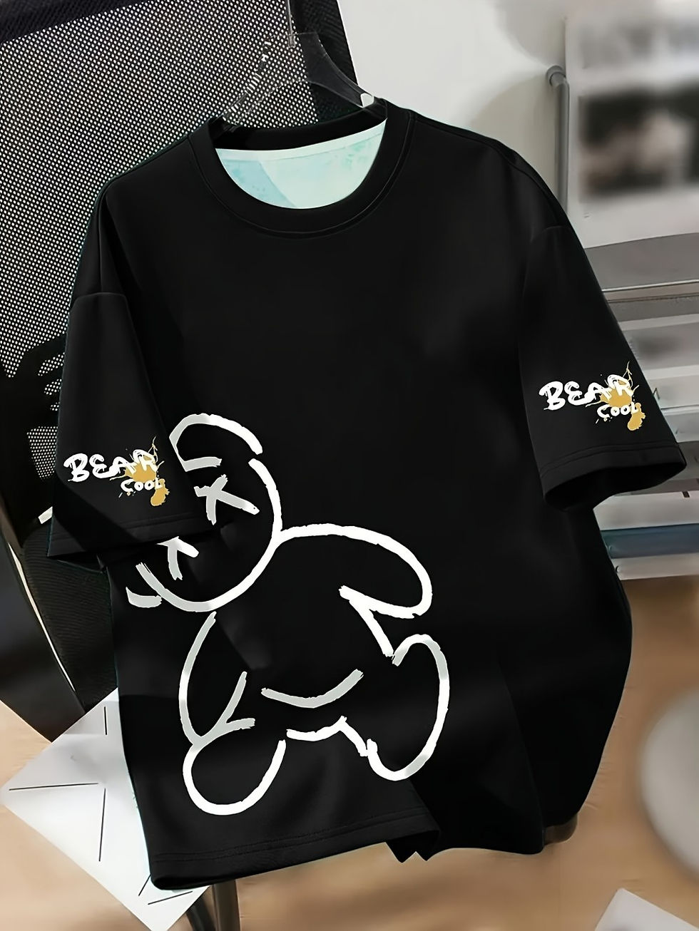 Thumbnail: Summer men's round neck breathable T-shirt with cartoon bear print pattern suita