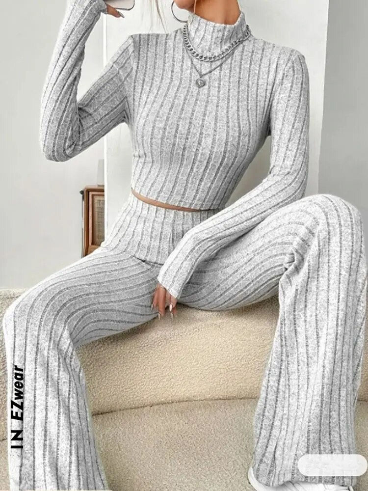 Thumbnail: Stand Collar Navel T-shirt and Trumpet pants