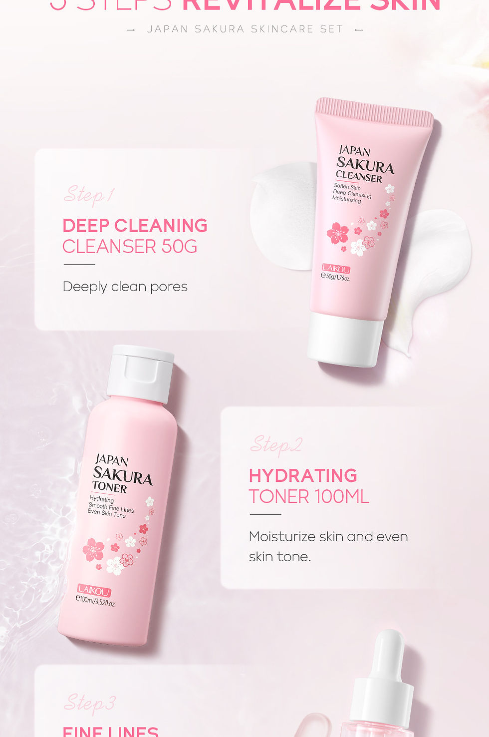 Thumbnail: LAIKOU Sakura 5pcs Skin Care Kit Cleanser Toner Serum Eye Cream Essence Cream Mo