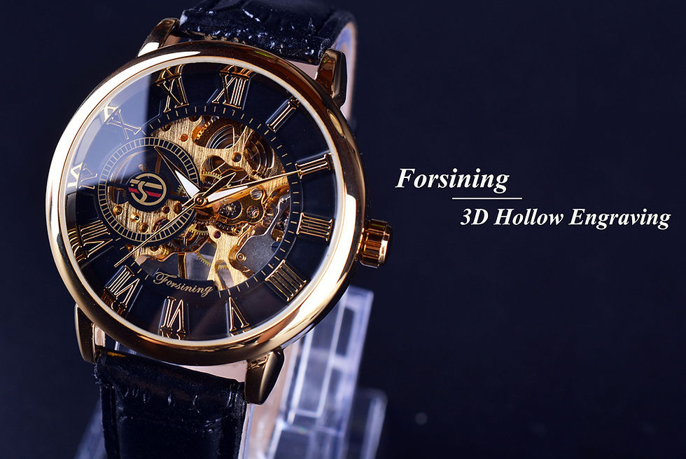 Thumbnail: Forsining 3d Logo Design Hollow Engraving Black Golden Case Leather Skeleton Mec
